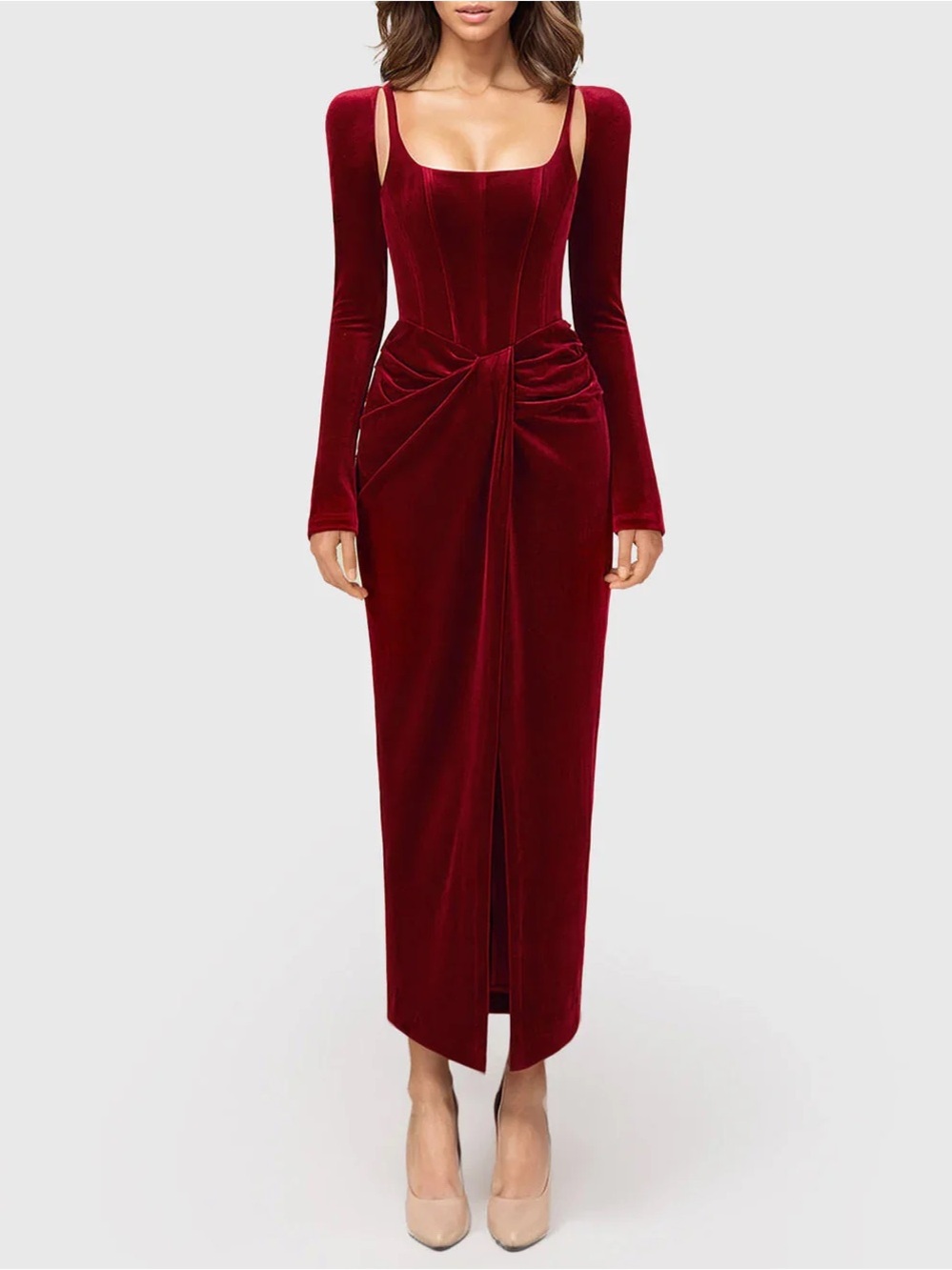 Bordeaux Elegant Red Velvet Long-Sleeve Midi Dress
